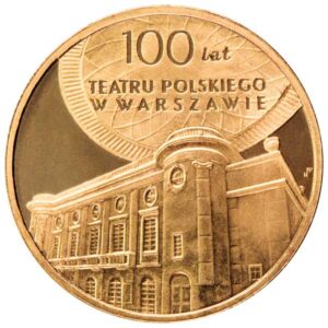Moneta Nordic Gold; rewers – 100 lat Teatru Polskiego w Warszawie