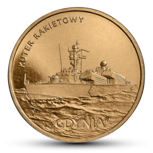 Moneta Nordic Gold; rewers – Polskie okręty: Kuter rakietowy „Gdynia”