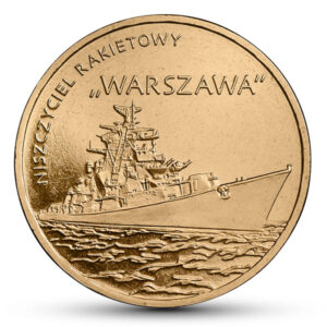 Moneta Nordic Gold; rewers – Polskie okręty: Niszczyciel rakietowy „Warszawa”