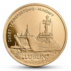 Moneta Nordic Gold; rewers – Polskie okręty: Okręt transportowo-minowy „Lublin”