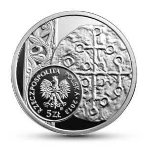 Srebrna moneta okolicznościowa; awers – Historia Monety Polskiej – denar Bolesława Chrobrego
