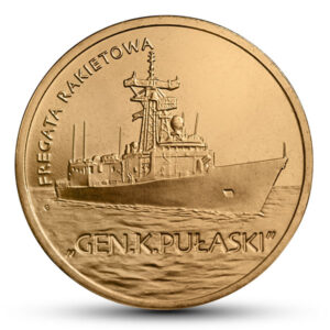 Moneta Nordic Gold; rewers – Polskie okręty – Fregata rakietowa „Gen. K. Pułaski”