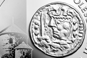 Detal srebrnej monety okolicznościowej – Historia Monety Polskiej – denar Bolesława Śmiałego