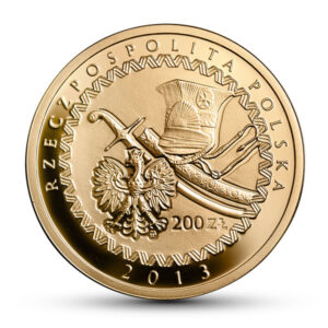 Złota moneta kolekcjonerska; awers – 200. rocznica śmierci księcia Józefa Poniatowskiego