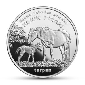 Srebrna moneta okolicznościowa; rewers – Zwierzęta Świata – konik polski