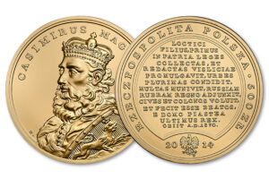 Wizerunek awersu; wizerunek rewersu złotej monety z serii Skarby Stanisława Augusta - Kazimierz Wielki