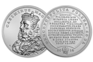 Wizerunek awersu; wizerunek rewersu srebrnej monety z serii Skarby Stanisława Augusta - Kazimierz Wielki