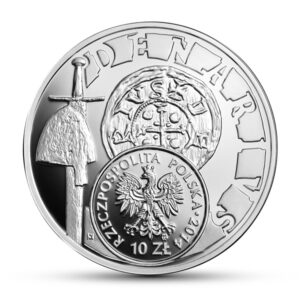 Srebrna moneta okolicznościowa; awers – Historia Monety Polskiej – denar typu 2. Bolesława Krzywoustego