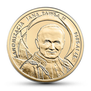 Złota moneta kolekcjonerska; rewers – Kanonizacja Jana Pawła II – 27 IV 2014