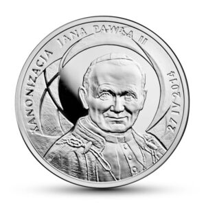 Srebrna moneta okolicznościowa; rewers – Kanonizacja Jana Pawła II – 27 IV 2014