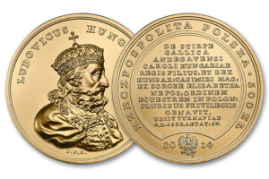 Wizerunek awersu; wizerunek rewersu złotej monety z serii Skarby Stanisława Augusta - Ludwik Węgierski