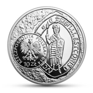 Srebrna moneta okolicznościowa; awers – Historia Monety Polskiej – brakteat Leszka Białego