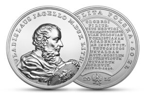 Wizerunek awersu; wizerunek rewersu srebrnej monety z serii Skarby Stanisława Augusta - Władysław Jagiełło