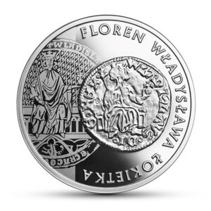 Srebrna moneta okolicznościowa; rewers – Historia Monety Polskiej – floren Władysława Łokietka
