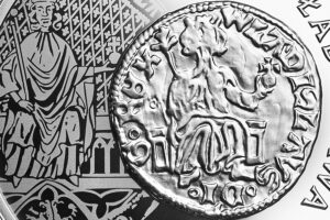 Detal srebrnej monety okolicznościowej – Historia Monety Polskiej – floren Władysława Łokietka