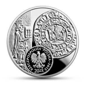 Srebrna moneta okolicznościowa; awers – Historia Monety Polskiej – grosz Kazimierza Wielkiego