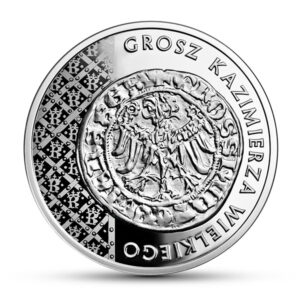 Srebrna moneta okolicznościowa; rewers – Historia Monety Polskiej – grosz Kazimierza Wielkiego