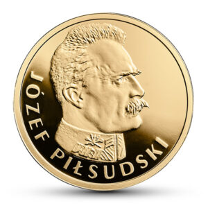 Złota moneta kolekcjonerska; rewers – Stulecie odzyskania przez Polskę niepodległości – Józef Piłsudski