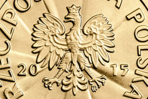 Detal złotej monety – Stulecie odzyskania przez Polskę niepodległości – Józef Piłsudski