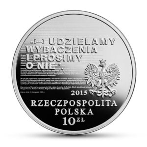 Srebrna moneta okolicznościowa; awers – 50. rocznica wystosowania orędzia biskupów polskich do niemieckich