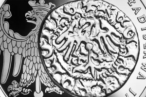 Detal srebrnej monety okolicznościowej – Historia Monety Polskiej – półgrosz Władysława Jagiełły