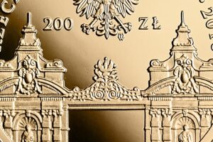 Detal złotej monety – 200. rocznica utworzenia Uniwersytetu Warszawskiego