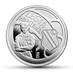 Srebrna moneta okolicznościowa; rewers – Polskie Kluby Piłkarskie – Legia Warszawa