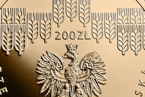 Detal złotej monety – 200-lecie Szkoły Głównej Gospodarstwa Wiejskiego w Warszawie
