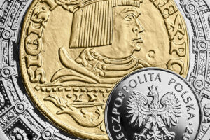 Detal srebrnej monety okolicznościowej – Historia Monety Polskiej – dukat Zygmunta Starego