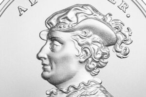 Detal srebrnej monety Skarby Stanisława Augusta – Skarby Stanisława Augusta – Aleksander Jagiellończyk