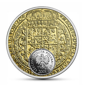 Srebrna moneta kolekcjonerska; awers – Historia monety polskiej – 100 dukatów Zygmunta III