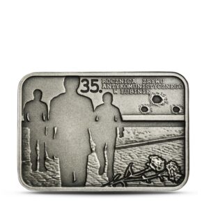 Srebrna moneta okolicznościowa; rewers – 35. rocznica zrywu antykomunistycznego w Lubinie