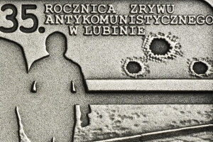 Detal srebrnej monety okolicznościowej – 35. rocznica zrywu antykomunistycznego w Lubinie