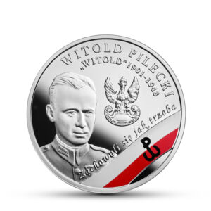 Srebrna moneta okolicznościowa; rewers – Wyklęci przez komunistów żołnierze niezłomni – Witold Pilecki ps. „Witold”