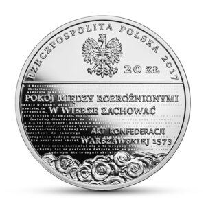 Srebrna moneta okolicznościowa; awers – Pięć wieków Reformacji w Polsce
