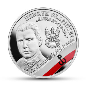 Srebrna moneta okolicznościowa; rewers – Wyklęci przez komunistów żołnierze niezłomni – Henryk Glapiński „Klinga”