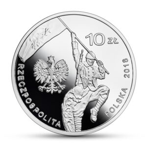 Srebrna moneta okolicznościowa; awers – 100-lecie czynu zbrojnego Polonii amerykańskiej