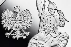 Detal srebrnej monety okolicznościowej – 100-lecie czynu zbrojnego Polonii amerykańskiej