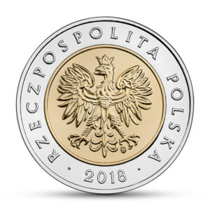 Moneta w standardzie obiegowym; awers – Moneta okolicznościowa z okolicznościowym napisem 100-lecie odzyskania przez Polskę niepodległości