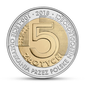 Moneta w standardzie obiegowym; rewers –Moneta okolicznościowa z okolicznościowym napisem 100-lecie odzyskania przez Polskę niepodległości