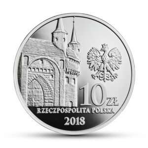 Srebrna moneta okolicznościowa; awers – 760-lecie Towarzystwa Strzeleckiego Bractwo Kurkowe w Krakowie