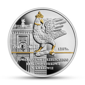 Srebrna moneta okolicznościowa; rewers – 760-lecie Towarzystwa Strzeleckiego Bractwo Kurkowe w Krakowie
