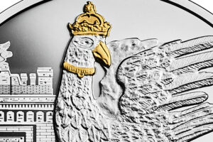 Detal srebrnej monety okolicznościowej – 760-lecie Towarzystwa Strzeleckiego Bractwo Kurkowe w Krakowie