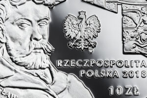 Detal srebrnej monety okolicznościowej – 125-lecie działalności Teatru im. Juliusza Słowackiego w Krakowie