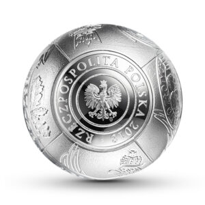 Srebrna moneta okolicznościowa w kształcie kuli; awers – 100. rocznica odzyskania przez Polskę niepodległości