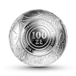 Srebrna moneta okolicznościowa w kształcie kuli; rewers – 100. rocznica odzyskania przez Polskę niepodległości