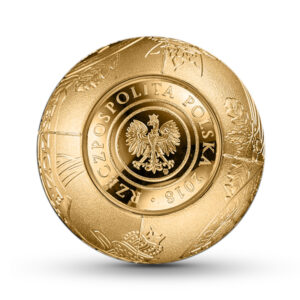 Awers złotej monety w kształcie kuli - 100. rocznica odzyskania przez Polskę niepodległości
