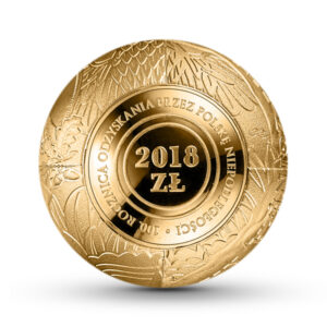 Złota moneta kolekcjonerska w kształcie kuli; rewers – 100. rocznica odzyskania przez Polskę niepodległości
