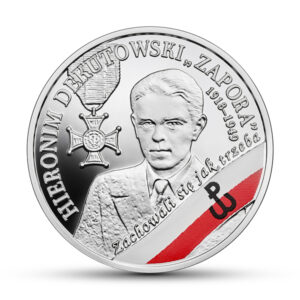 Srebrna moneta okolicznościowa; rewers – Wyklęci przez komunistów żołnierze niezłomni - Hieronim Dekutowski, „Zapora”