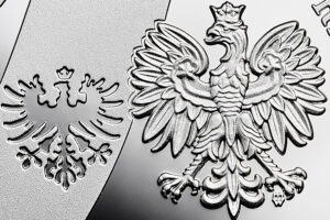Detal srebrnej monety okolicznościowej – 100. rocznica wybuchu Powstania Wielkopolskiego